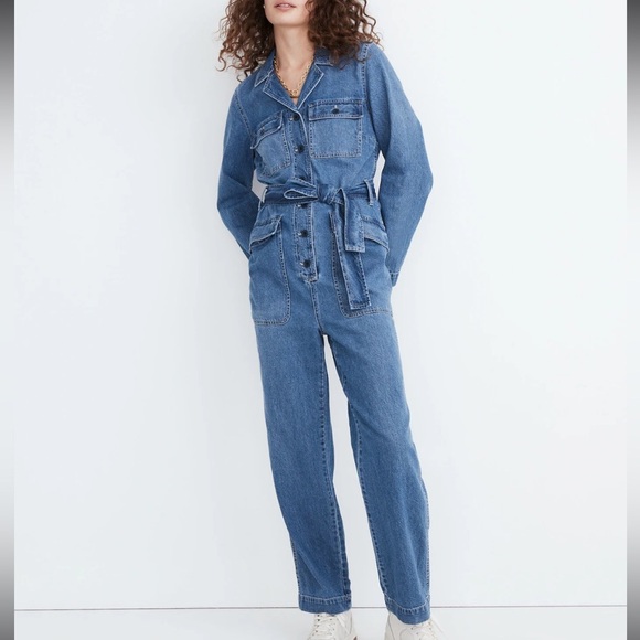 MADEWELL Denim Tie-Waist Jumpsuit in Claireville Wash Size Medium